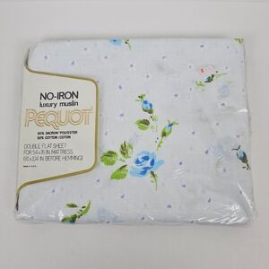 Vintage Pequot Springs Mills Double Flat Sheet ROSEBUDS Full Size Blue Rose New
